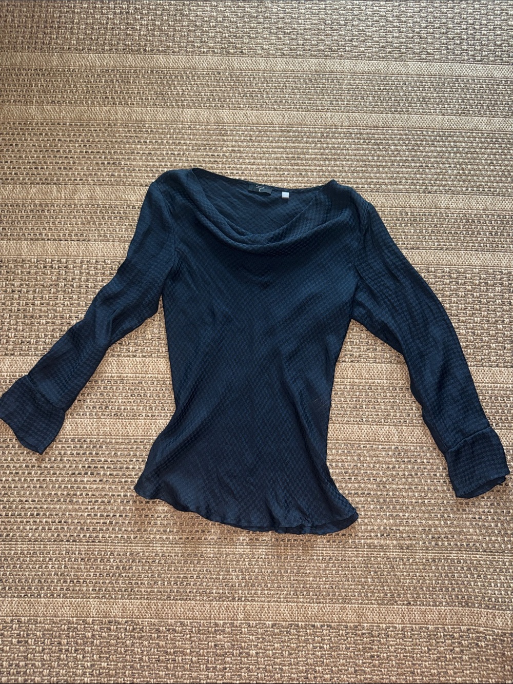 Tahari Navy Silk Textured Draped Neck Long Sleeve Top